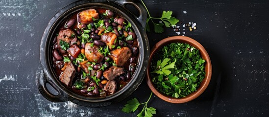 Wall Mural - Typical Brazilian dish known as Feijoada prepared with black beans pork and sausage Top view Copy space