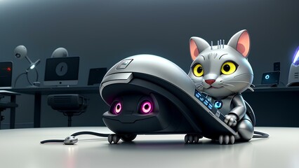 A sleek, silver mouse perched on a futuristic keyboard, its glowing eyes fixed on the screen as it navigates through lines of code with lightning speed.