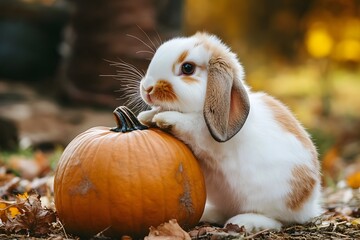 Wall Mural - A cute bunny rabbit sits beside a small pumpkin in a fall setting.