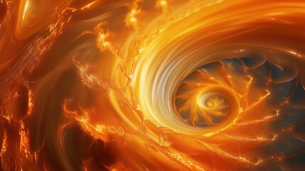 Poster - Golden orange spiral design with fractal texture, glows in darkness. Digital art creation of fantasy element for website, booklet, flier, decoration. Christmas star shines through wave pattern.