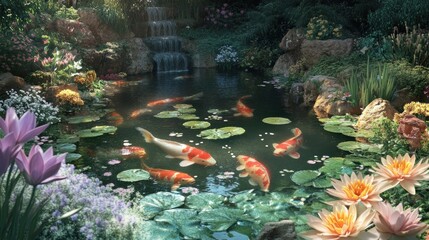 Poster - Tranquil Koi Pond in a Lush Garden