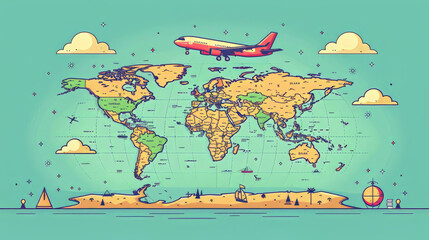 Illustration of an airplane symbol with travel destinations and map - concept for vacation planning and travel.