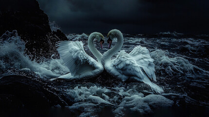   A pair of white swans perched atop an ocean expanse beside a massive rock