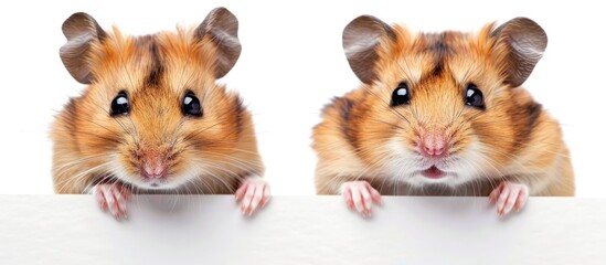 two adorable hamsters holding a blank poster in their paws close up against a white background. copy