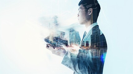 Aufkleber - Businessman in IT world, double exposure collage with a man and modern city, male uses digital tablet PC or gadget.
