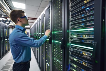 Aufkleber - Young caucasian man in datacenter server room. He stands near rows of servers, network equipment, and racks. Wearing a suit, he checks computer screens and cables.