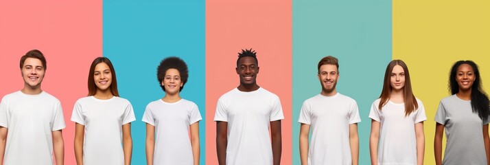 Collage of diverse young adults wearing white t-shirts on colorful isolated background. Happy, confident people from different ethnicities show their smiles. Various facial expressions, emotions.