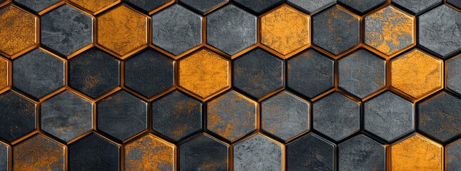 Wall Mural - Glowing gold, brown, gray, and black hexagonal 3D shape texture wall illustration - Abstract futuristic luxurious digital geometric technology hexagon background banner illustration.