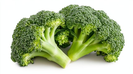 Two fresh broccoli heads on a white background, showcasing their vibrant green color.