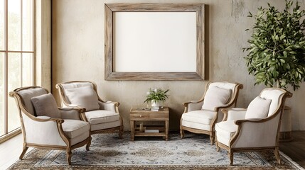 Cozy farmhouse living room vignette featuring a distressed wood frame plush armchairs a vintage area rug and natural lighting for a warm inviting atmosphere