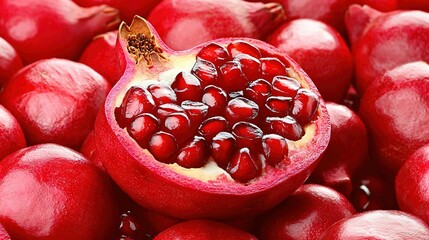   A close-up of a pomegranate surrounded by others in the background