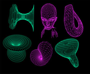 Poster - Collage of 3d heads made of mesh and wormholes on dark background. Illustration in techno futuristic style.