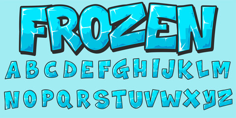 ice alphabet font with examples of frozen writing in blue with a vector cartoon illustration style