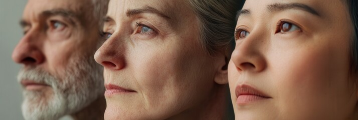 Aufkleber - Three individuals of varying ages and backgrounds display deep contemplation with serious expressions, highlighting diversity in an indoor setting with natural light. Generative AI