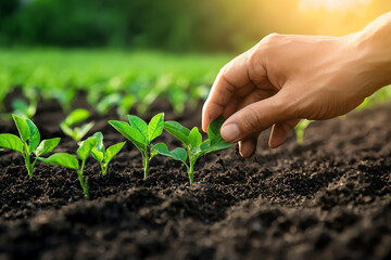 A close-up view of hands gently planting seedlings in rich, dark soil under a warm sunrise, symbolizing growth and nurturing.