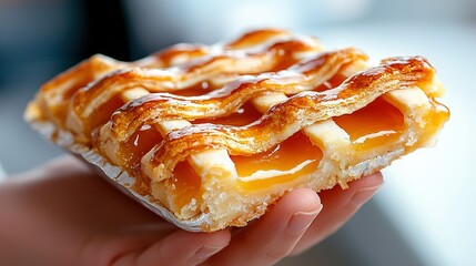   A close-up of a person biting into a pastry with icing on its edges