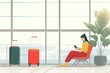 © miss irine - In noisy airport terminal, young woman sits on red chair, engrossed in phone. Natural fills space as overlooks planes off into sky through large windows. Green potted plant adds touch of green plants