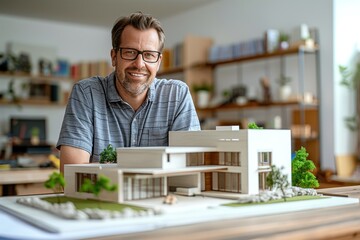 Cheerful Caucasian architect sits at desk surrounded by modern house model, computer monitor, plant, books in office with natural window creating warm inviting atmosphere. Smiles wearing glasses