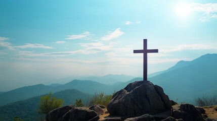 Wall Mural - Risen Jesus Christ stands atop a rugged rock formation as the sun rises in the background, symbolizing hope and salvation for Christians around the world.