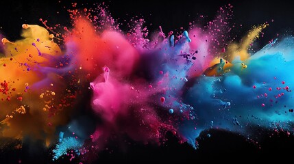 Poster - Vibrant colorful paint splatters on a dark black background create an abstract design. Swirling colors blend together in a mesmerizing motion, evoking a sense of magic.