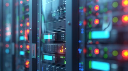 Poster - Close-up of server equipment in data center with flickering light indicators. Row upon row of computer hardware, humming machines, and blinking lights fill the room.