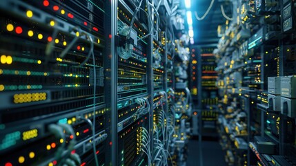 Leinwandbilder - Data center server room filled with telecommunication equipment and cloud hosting infrastructure. Rows of servers, networking devices, and data storage systems.