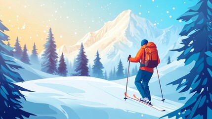 Poster - A skier navigating a snowy landscape surrounded by towering pine trees at sunrise in a peaceful winter atmosphere