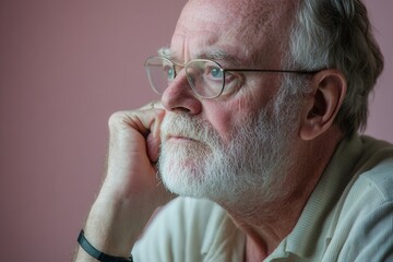 Aufkleber - An elderly man sits in a serene room, resting his chin on his hand while deep in thought, illuminated by soft afternoon light. Generative AI