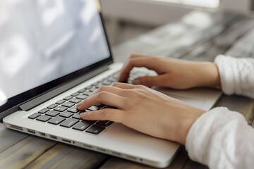 Aufkleber - Female hands work on laptop with documents, notes, and keyboard. Close-up of woman using computer for online course, remote work, or freelance projects.