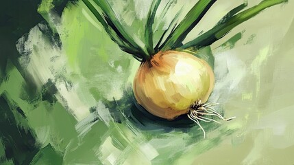 Stylized Onion with Green Leaves on Abstract Background