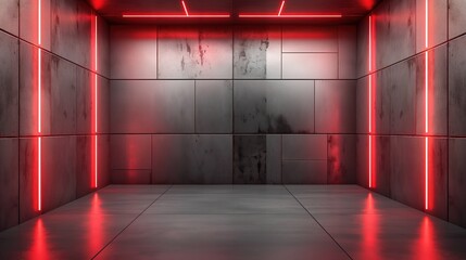Poster - Empty grey steel room with red neon lights. Metallic walls and floor create a modern urban space. Clean and blank environment ideal for product presentation or gallery display.
