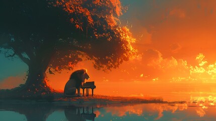 Canvas Print - Lion Playing Piano at Sunset.