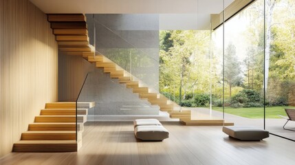 Poster - Modern Wooden Staircase in a Minimalist Home