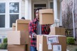 © miss irine - Young man moves into new home, surrounded by cardboard boxes, packages. He delivers boxes to room, unpacks, settles in. Man in business attire, carrying box, looks determined, focused on task.