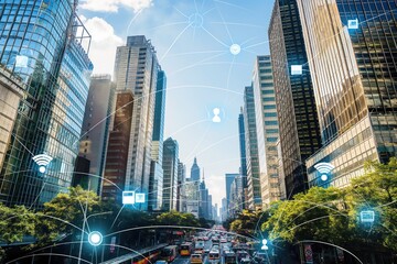 Poster - Cityscape with skyscrapers, grid of streets, wireless communication networks. Smart buildings, homes, city infrastructure connected to internet. Cloud computing, digital data, sensors form complex
