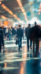 Wall Mural - A diverse crowd moves through a busy subway, changing heights, clothing and motion blur effects. Strings of warm light overhead create a lively urban atmosphere.