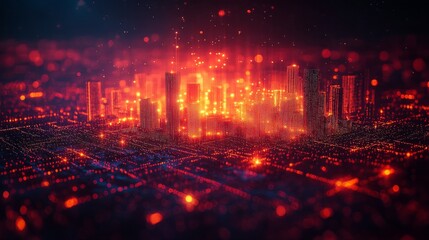 A vibrant holographic representation illustrates dynamic data flow among buildings in a futuristic urban landscape, emphasizing connectivity.