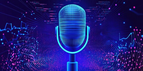 Microphone with abstract wave lines on blue background
