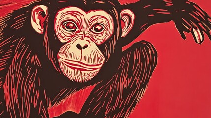 Stylized Chimpanzee Illustration on Vibrant Red Background