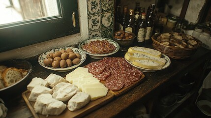   A variety of cheeses and meats are displayed on a table next to a window, with a bottle of beer visible in the background