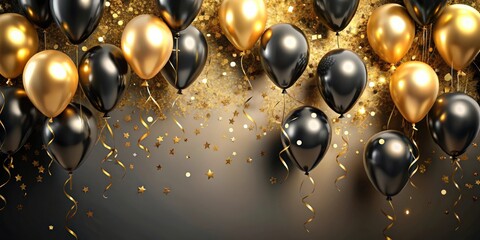 Festive background with black and golden shiny balloons and serpentine for celebration and party decor