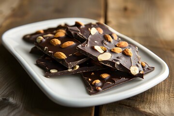 Dark Chocolate with Almonds on a White Plate