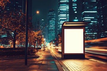 Wall Mural - At night, a blank white vertical digital billboard poster appears on a city street bus stop sign. There is a mockup of a bus stop advertising on the street.