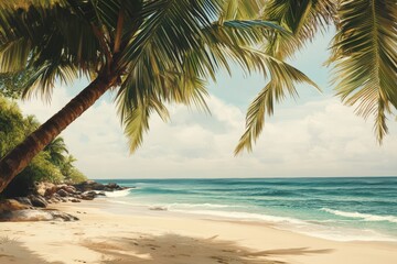 A tropical beach scene with a palm tree and blue sky