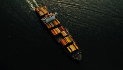 Aerial drone view, container ship or cargo shipping business logistic import and export of freight by container ship in the open sea, freight ship boat.