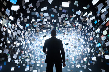 Wall Mural - overwhelmed by data: a lone businessman stands dwarfed, facing an overwhelming vortex of digital dat