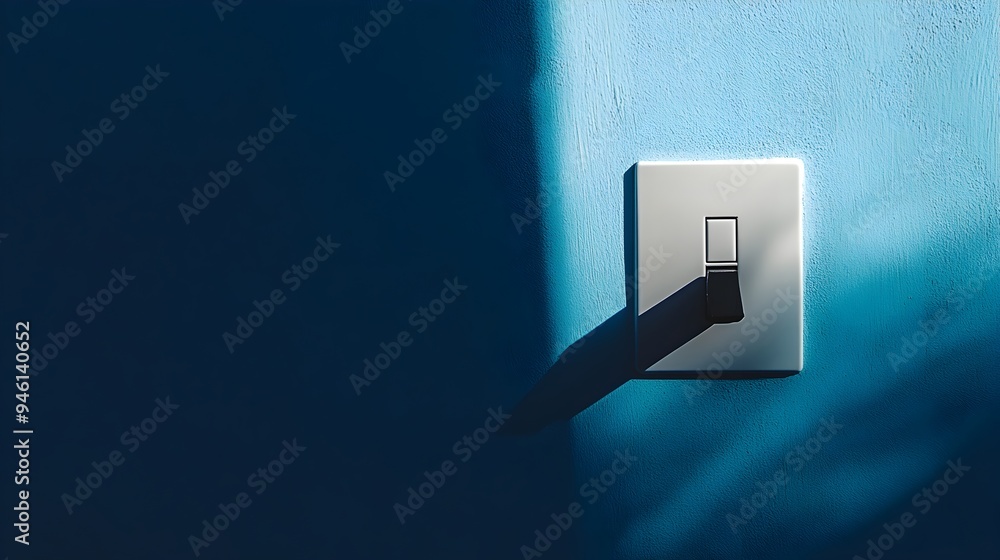 Conceptual graphic design featuring a light switch with a shadow that does not match its form creating an unusual thought provoking visual metaphor about light power and perception