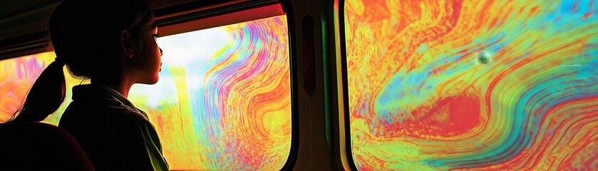 Canvas Print - A child gazes out of a train window, observing vibrant, abstract patterns.