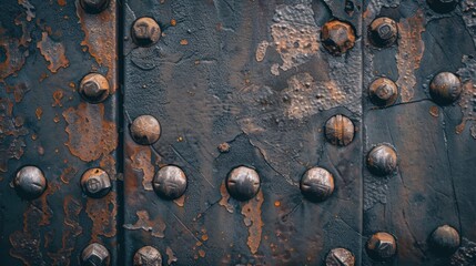 Wall Mural - Flat lay of an iron surface with weathered rivets and rusty textures, showcasing the passage of time