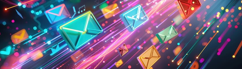 Abstract digital background featuring colorful email icons symbolizing tech communication and information exchange.